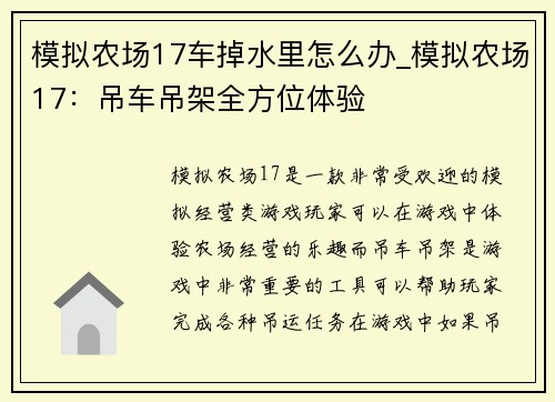 模拟农场17车掉水里怎么办_模拟农场17：吊车吊架全方位体验
