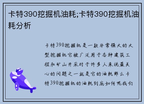 卡特390挖掘机油耗;卡特390挖掘机油耗分析