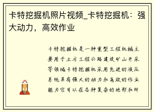 卡特挖掘机照片视频_卡特挖掘机：强大动力，高效作业